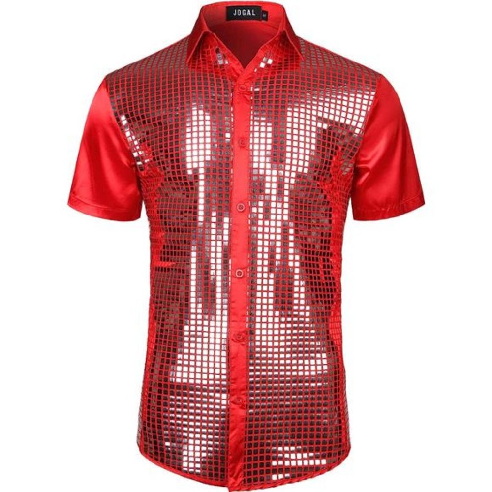 Mens 70s Disco Costume Silver Sequins Short Sleeve Button Down Shirts,Red Silver